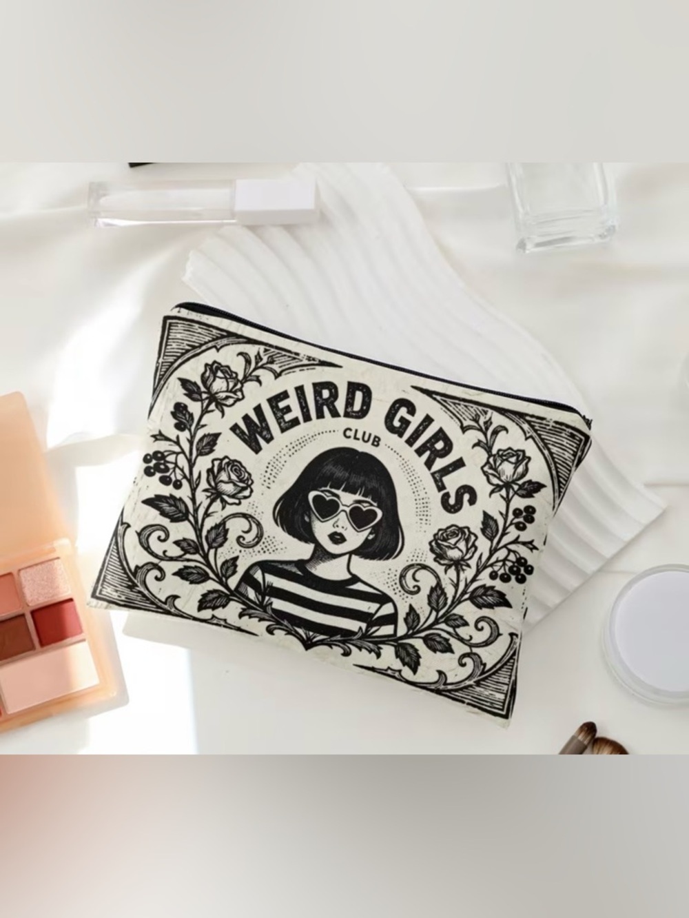 Weird Girls Club Makeup Bag Black White Retro Lined Zipper Pouch